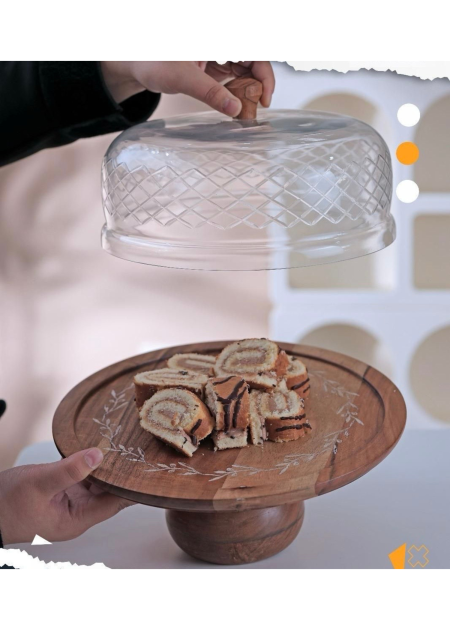 مضيفة خشب دائرية بنقشة غصن الزيتون مع قاعدة وغطا قزاز